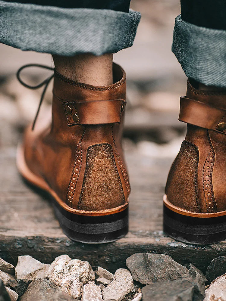 Handmade Leather Men Boots Retro Round Toe Ankle Boots 2025 Autumn Winter Punk Street Style Motorcycle Boots Men Chunky Botines