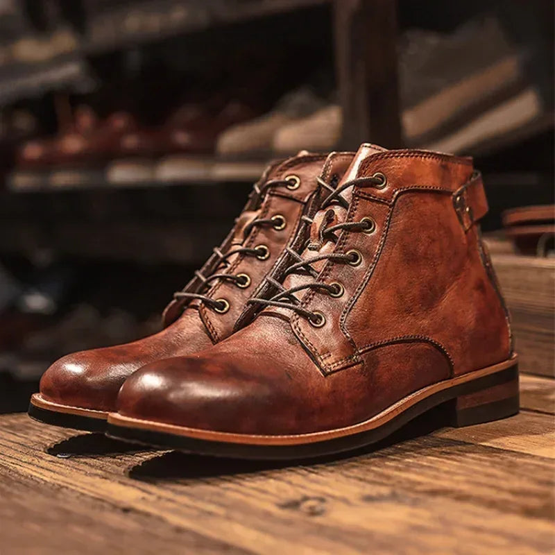 Handmade Leather Men Boots Retro Round Toe Ankle Boots 2025 Autumn Winter Punk Street Style Motorcycle Boots Men Chunky Botines