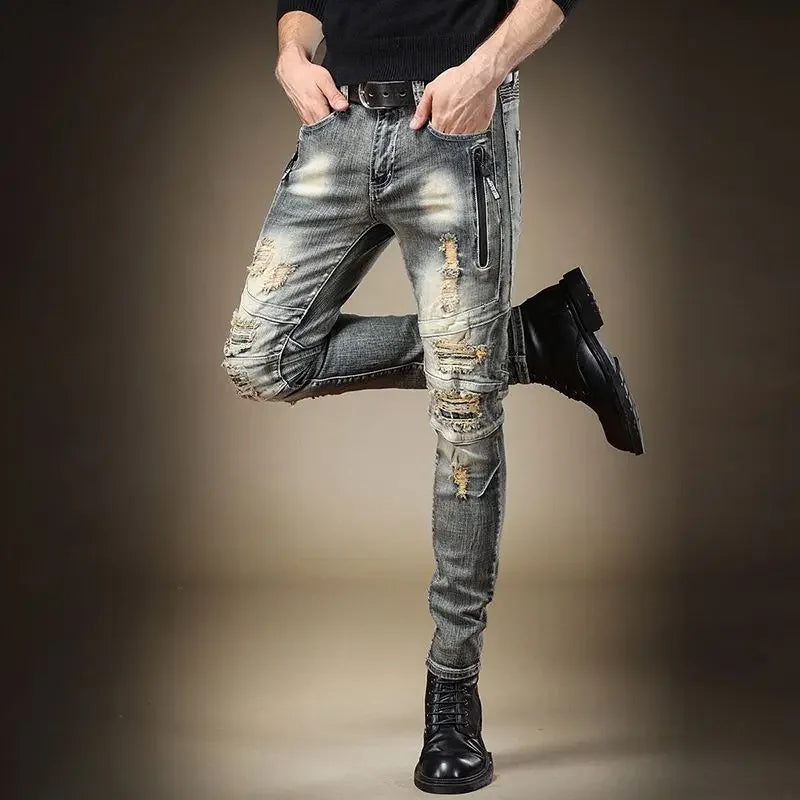 Slim Fit Graphic Trousers Men's Jeans Skinny Punk Male Cowboy Pants Tight Pipe Denim Harajuku Classic Washed Korean Fashion Kpop