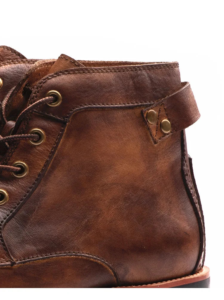 Handmade Leather Men Boots Retro Round Toe Ankle Boots 2025 Autumn Winter Punk Street Style Motorcycle Boots Men Chunky Botines