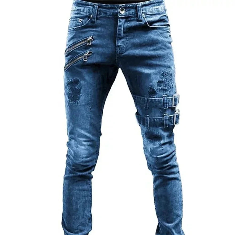 Men Slim Biker Ripped Long Denim Trousers Skinny Jeans Pocket Side Straps and Zips Male Jogging Pants Destroyed Stretchy Pants