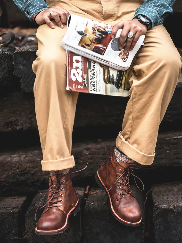 Handmade Leather Men Boots Retro Round Toe Ankle Boots 2025 Autumn Winter Punk Street Style Motorcycle Boots Men Chunky Botines