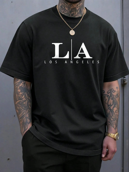 Men's Fashion Round Neck Short Sleeve Letter Graphic Casual T-Shirt Los Angeles T Shirt Harajuku Oversized T Shirt  Men Clothing