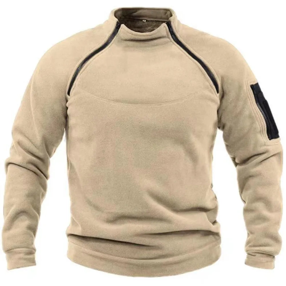 Men's Polar Fleece Outdoor Warm Breathable Tactical Zipper Standing Neck Long Sleeves Casual Solid Color Sweatshirt