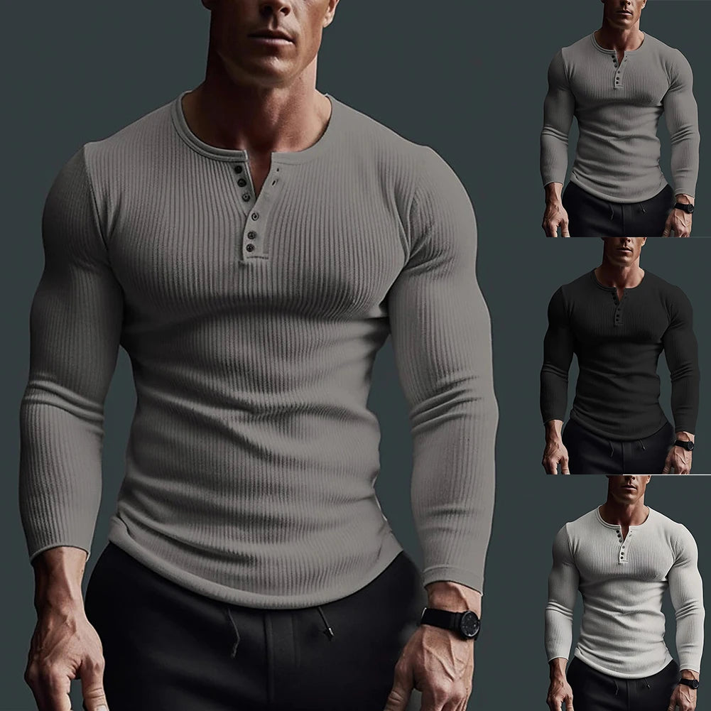 Men's Casual Waffle Fitness Muscle T-Shirt Long Sleeve Solid Color Button V Neck Basic Breathable Tops Tees T Shirts Clothing