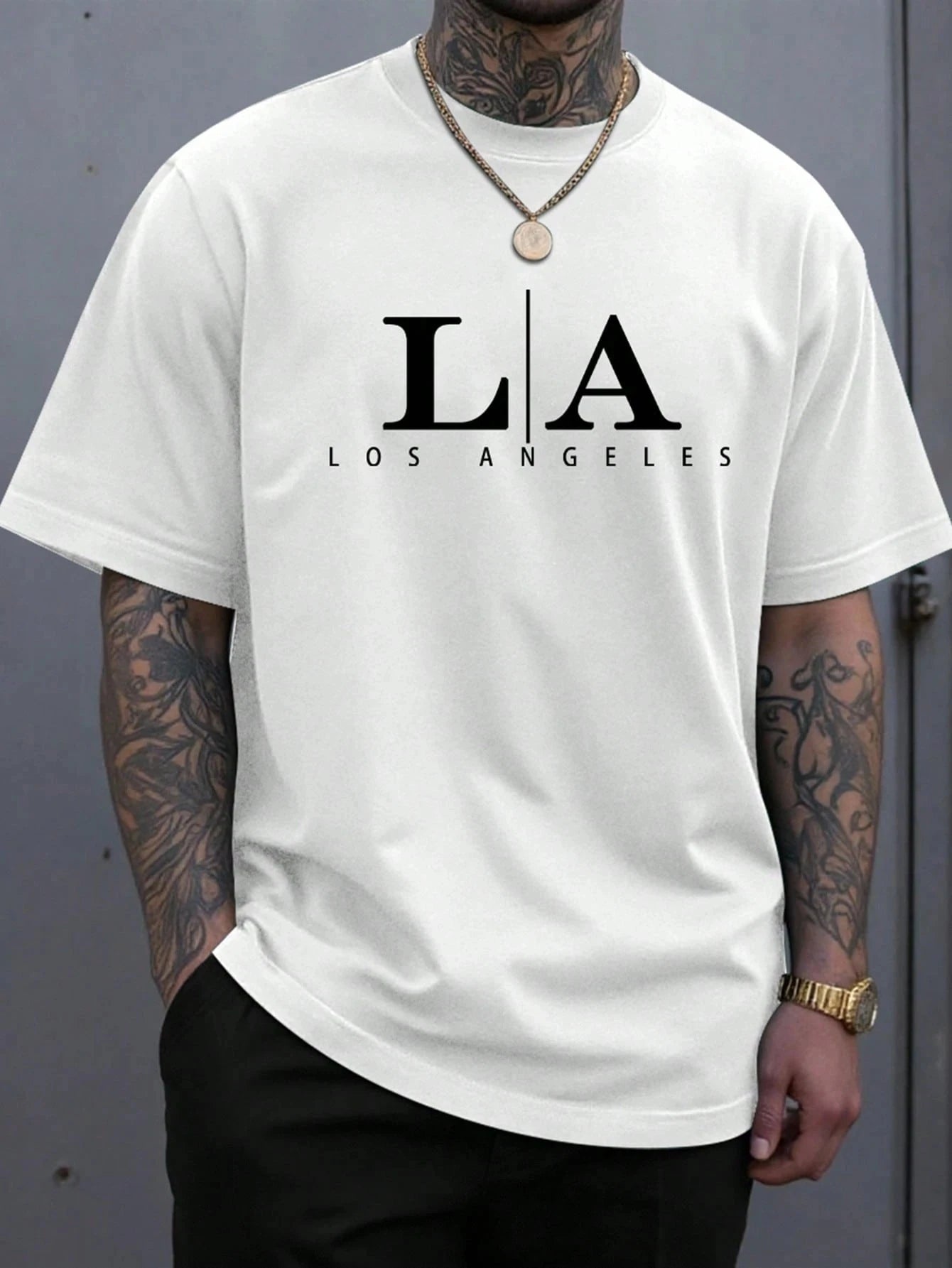 Men's Fashion Round Neck Short Sleeve Letter Graphic Casual T-Shirt Los Angeles T Shirt Harajuku Oversized T Shirt  Men Clothing