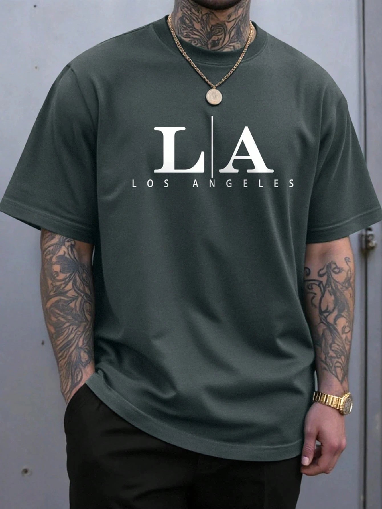 Men's Fashion Round Neck Short Sleeve Letter Graphic Casual T-Shirt Los Angeles T Shirt Harajuku Oversized T Shirt  Men Clothing