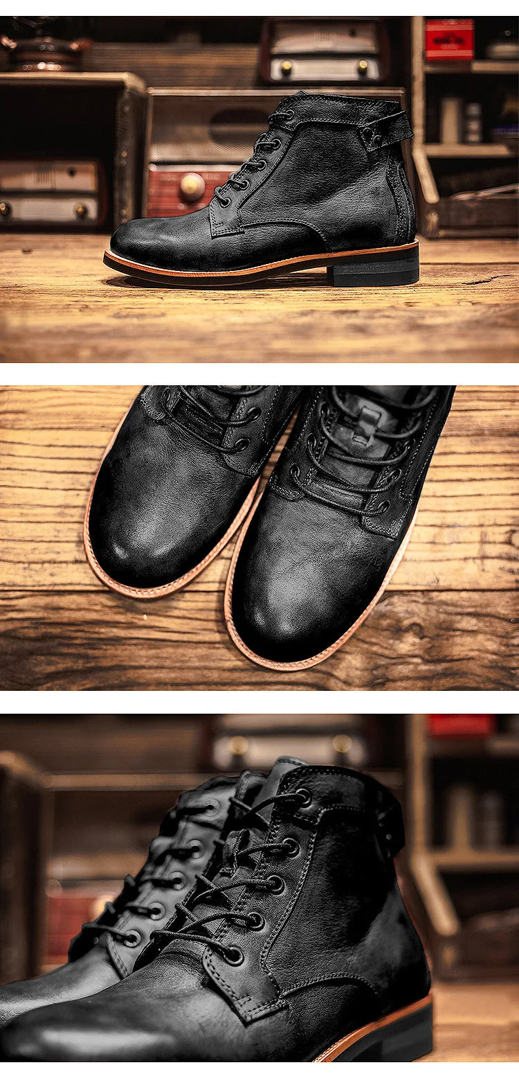Handmade Leather Men Boots Retro Round Toe Ankle Boots 2025 Autumn Winter Punk Street Style Motorcycle Boots Men Chunky Botines
