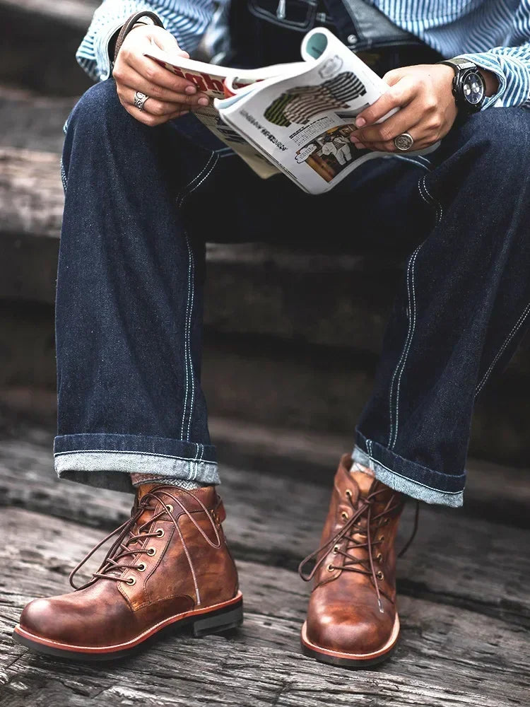 Handmade Leather Men Boots Retro Round Toe Ankle Boots 2025 Autumn Winter Punk Street Style Motorcycle Boots Men Chunky Botines