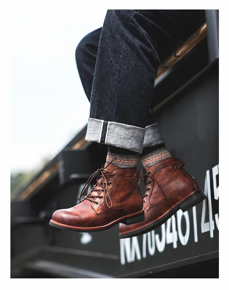 Handmade Leather Men Boots Retro Round Toe Ankle Boots 2025 Autumn Winter Punk Street Style Motorcycle Boots Men Chunky Botines