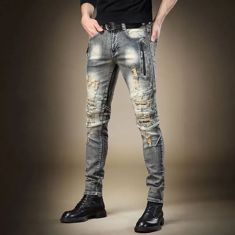 Slim Fit Graphic Trousers Men's Jeans Skinny Punk Male Cowboy Pants Tight Pipe Denim Harajuku Classic Washed Korean Fashion Kpop