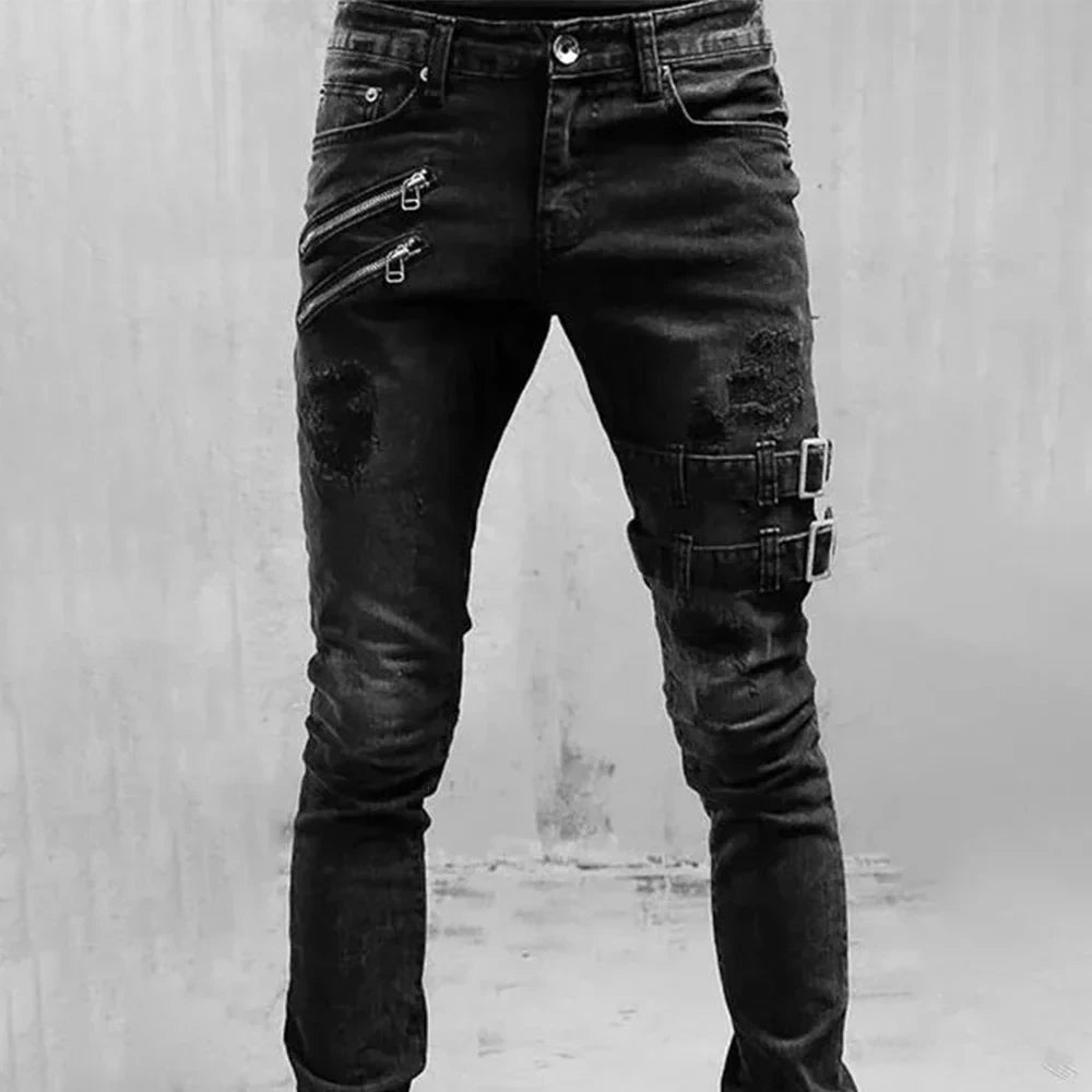 Men Slim Biker Ripped Long Denim Trousers Skinny Jeans Pocket Side Straps and Zips Male Jogging Pants Destroyed Stretchy Pants