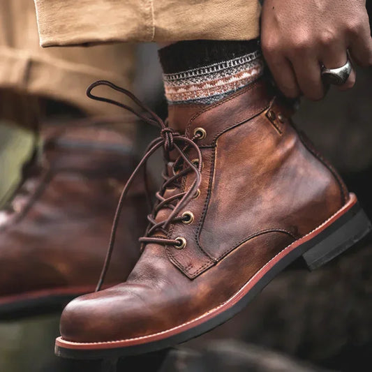 Handmade Leather Men Boots Retro Round Toe Ankle Boots 2025 Autumn Winter Punk Street Style Motorcycle Boots Men Chunky Botines