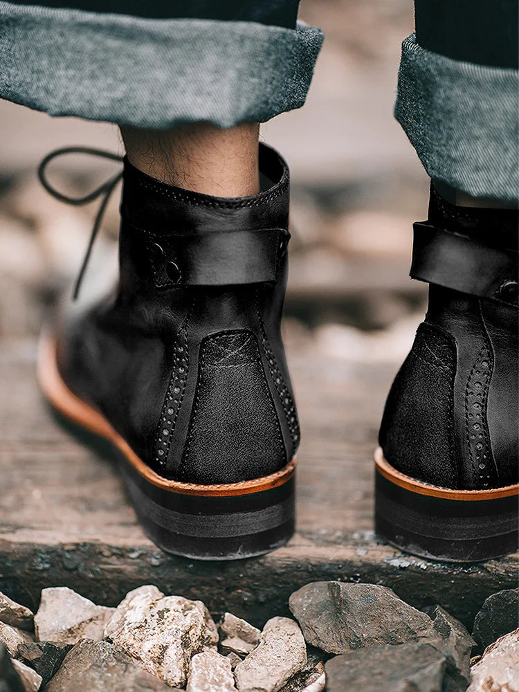 Handmade Leather Men Boots Retro Round Toe Ankle Boots 2025 Autumn Winter Punk Street Style Motorcycle Boots Men Chunky Botines