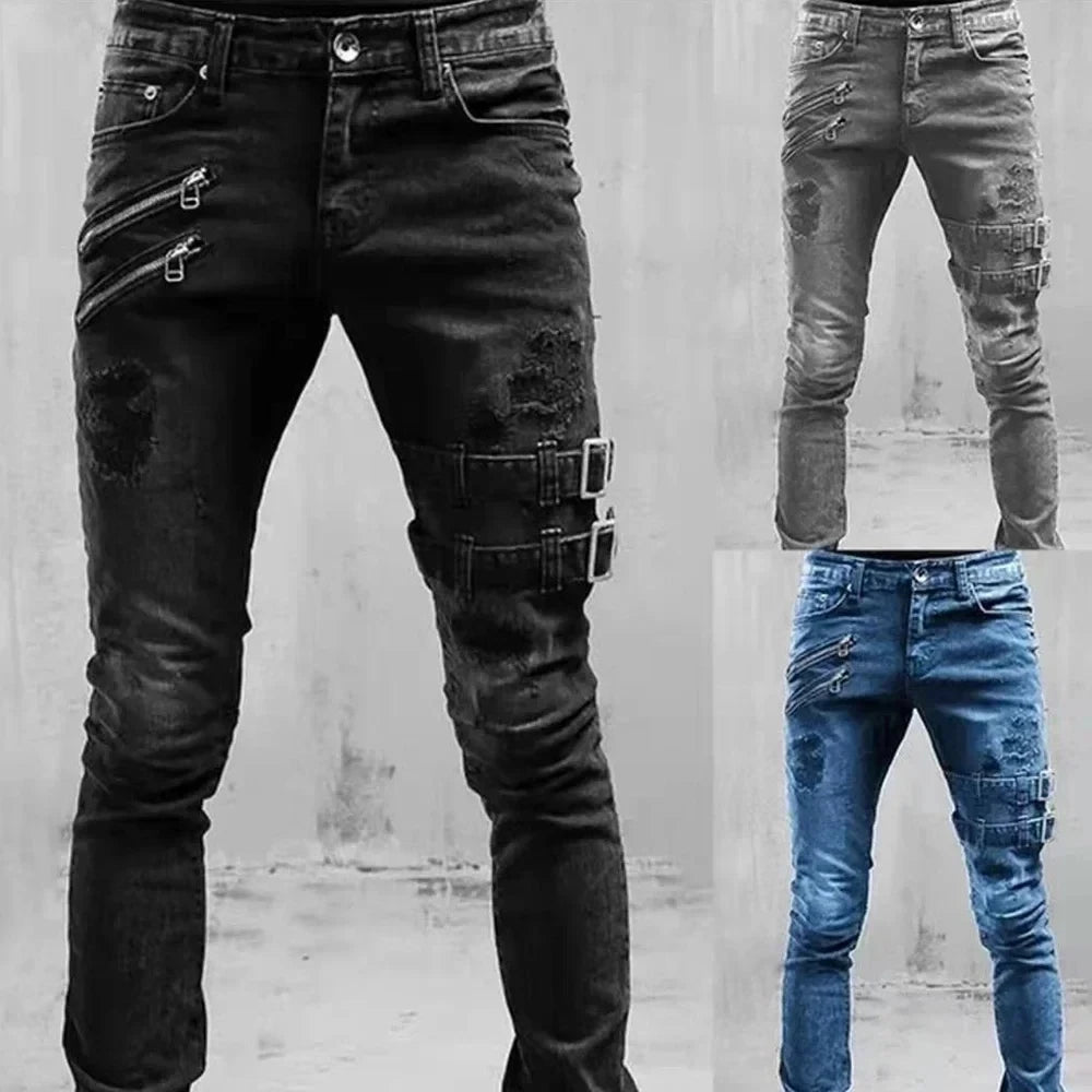 Men Slim Biker Ripped Long Denim Trousers Skinny Jeans Pocket Side Straps and Zips Male Jogging Pants Destroyed Stretchy Pants