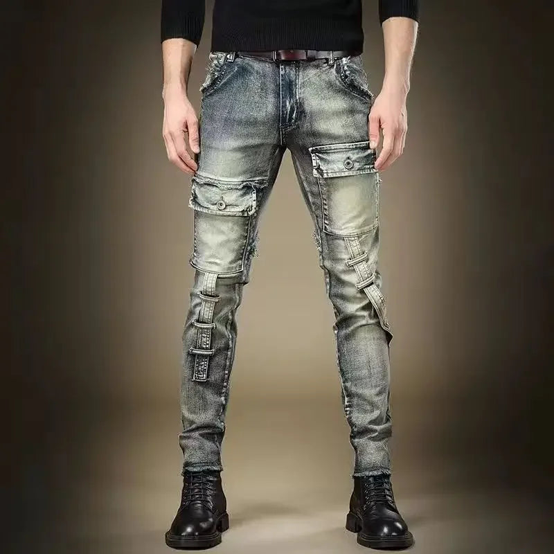 Slim Fit Graphic Trousers Men's Jeans Skinny Punk Male Cowboy Pants Tight Pipe Denim Harajuku Classic Washed Korean Fashion Kpop