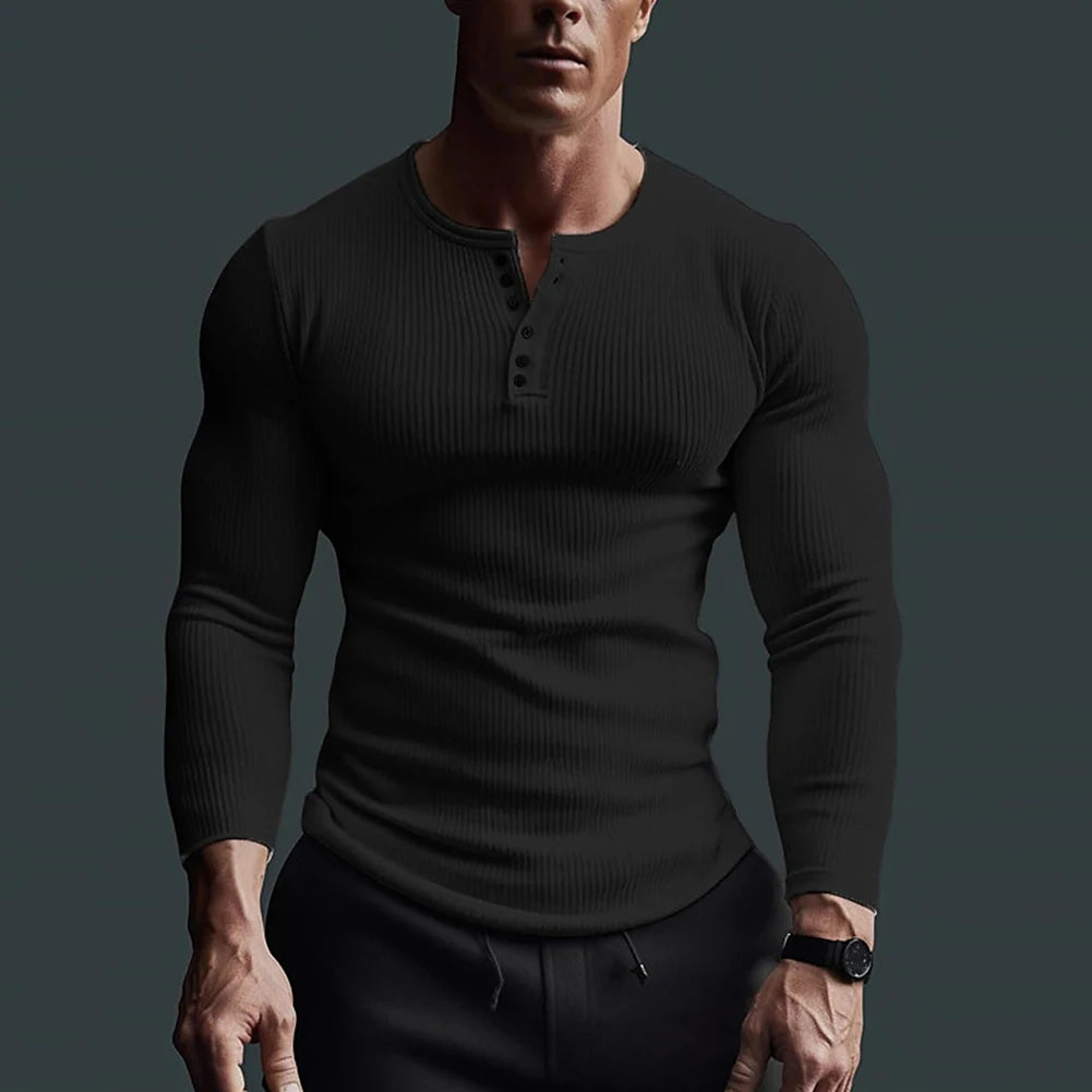 Men's Casual Waffle Fitness Muscle T-Shirt Long Sleeve Solid Color Button V Neck Basic Breathable Tops Tees T Shirts Clothing