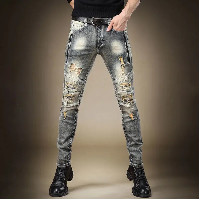 Slim Fit Graphic Trousers Men's Jeans Skinny Punk Male Cowboy Pants Tight Pipe Denim Harajuku Classic Washed Korean Fashion Kpop