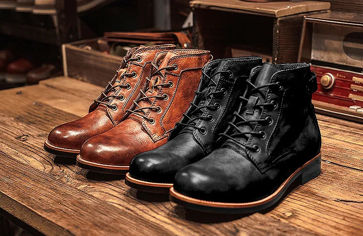 Handmade Leather Men Boots Retro Round Toe Ankle Boots 2025 Autumn Winter Punk Street Style Motorcycle Boots Men Chunky Botines