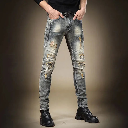 Slim Fit Graphic Trousers Men's Jeans Skinny Punk Male Cowboy Pants Tight Pipe Denim Harajuku Classic Washed Korean Fashion Kpop