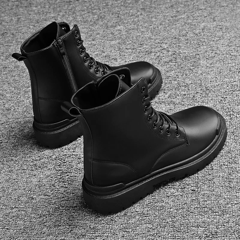 Black Men's Casual Leather Boots Fashion Winter Men Work Boot Mens Shoes Non-slip Designer High Top Ankle Boots Motorcycle Shoes