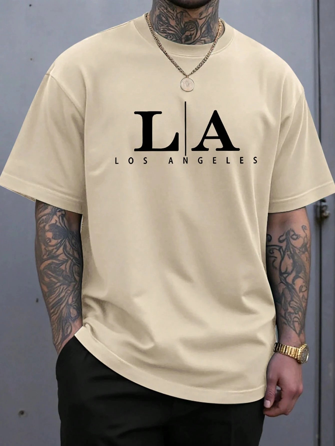 Men's Fashion Round Neck Short Sleeve Letter Graphic Casual T-Shirt Los Angeles T Shirt Harajuku Oversized T Shirt  Men Clothing