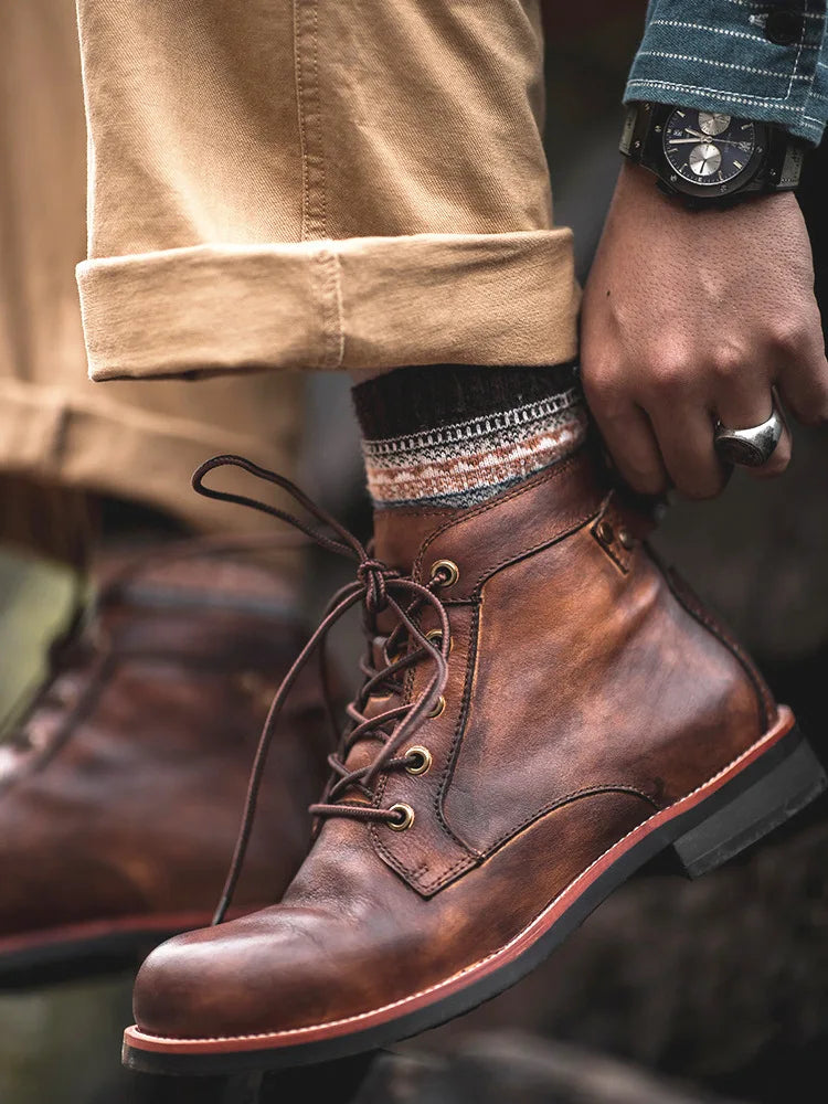 Handmade Leather Men Boots Retro Round Toe Ankle Boots 2025 Autumn Winter Punk Street Style Motorcycle Boots Men Chunky Botines
