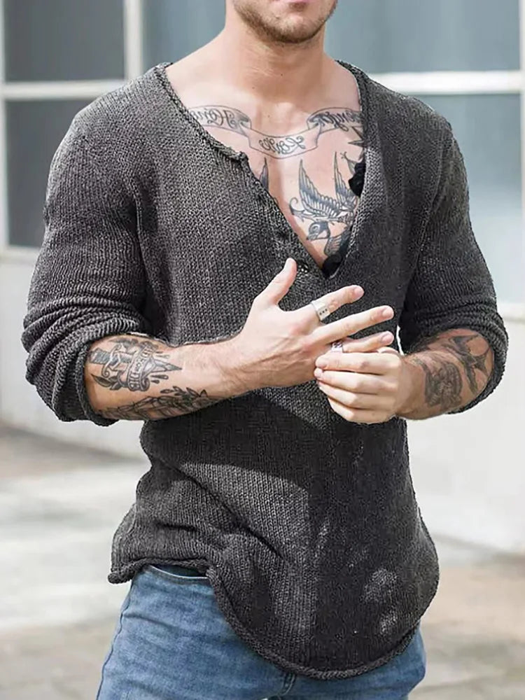 Men V Neck Streetwear Solid Basic Top Casual Loose Male Spring and Autumn Pullovers Simplicity Slim Fit Long Sleeve Thin Sweater