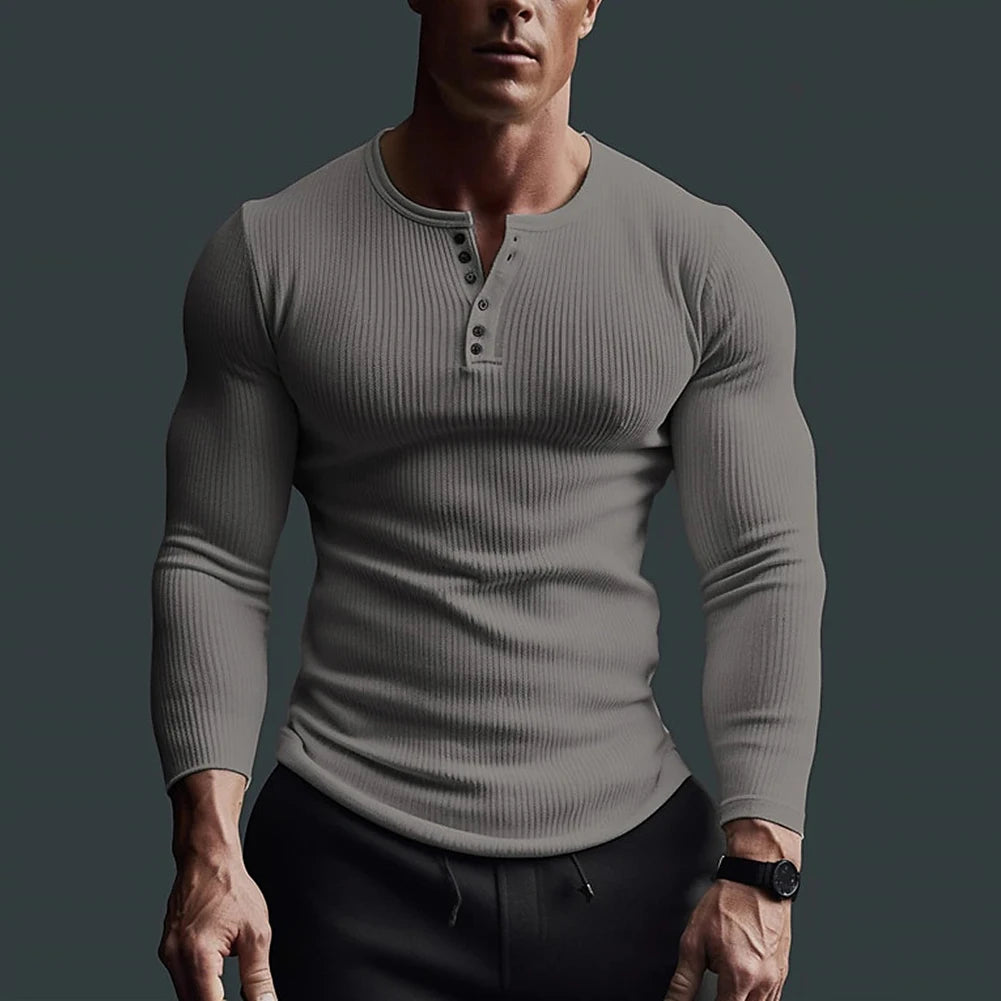 Men's Casual Waffle Fitness Muscle T-Shirt Long Sleeve Solid Color Button V Neck Basic Breathable Tops Tees T Shirts Clothing